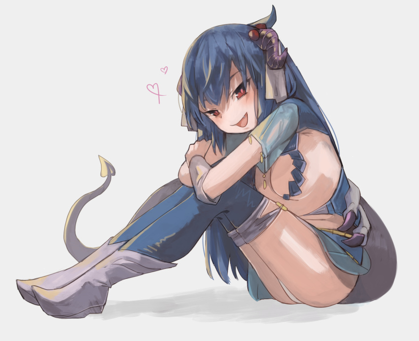 1girl :d arm_warmers bangs blue_hair blue_legwear boots breasts bright_pupils dark_blue_hair demon_girl demon_horns demon_tail fang full_body heart highres horns legs_together looking_at_viewer medium_breasts okbnkn open_mouth original over-kneehighs panties pink_pupils red_eyes shadow short_sleeves simple_background sitting smile solo straight_hair tail thigh-highs underwear white_background white_footwear white_panties
