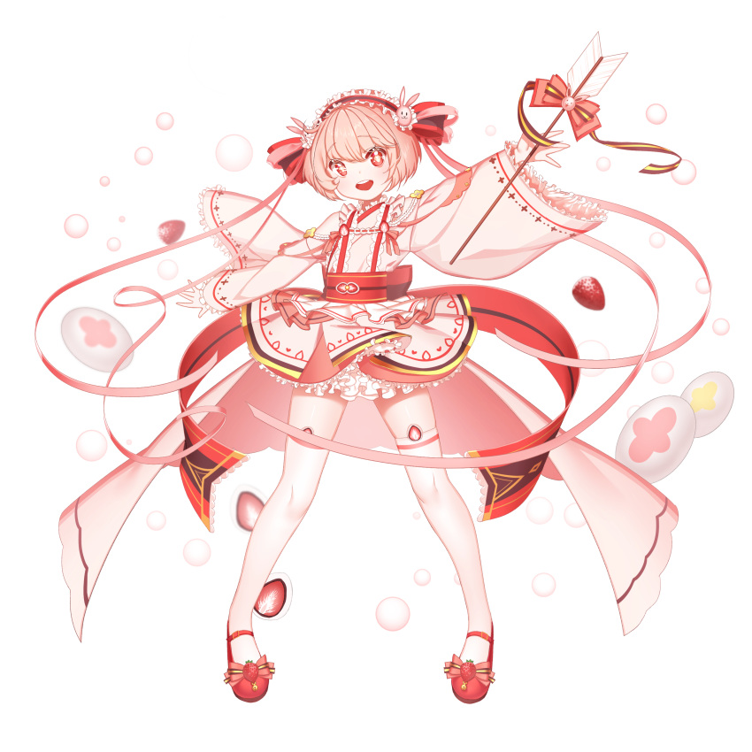 1girl absurdres arrow bangs bow bunny_hair_ornament dress eyebrows_visible_through_hair food food_fantasy frills fruit full_body hair_bow hair_ornament hair_ribbon hand_up highres ichigo_daifuku ichigo_daifuku_(food_fantasy) long_sleeves open_mouth pink_hair red_bow red_eyes red_footwear ribbon shoes simple_background sleeves_past_wrists smile solo standing strawberry symbol-shaped_pupils thigh-highs wagashi white_background white_dress white_legwear wide_sleeves zelato