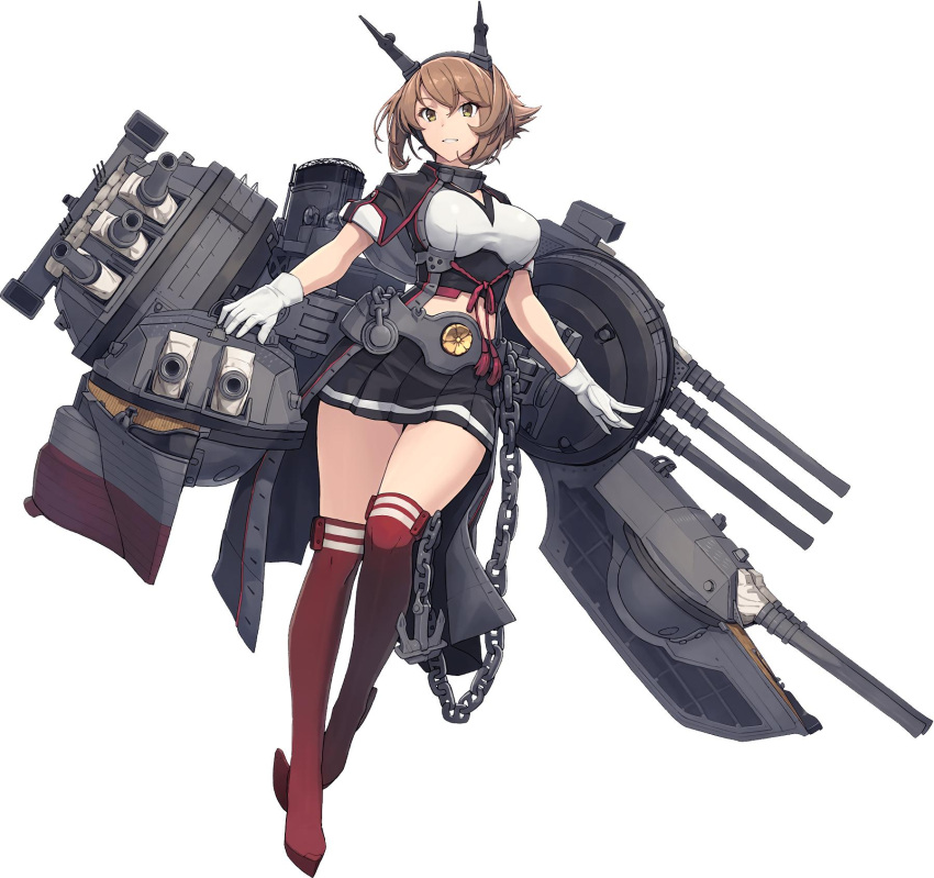 1girl black_skirt breasts brown_hair capelet chains coat flipped_hair full_body gloves green_eyes grin headband headgear highres kantai_collection large_breasts mutsu_(kantai_collection) official_art pleated_skirt red_legwear remodel_(kantai_collection) rigging rudder_footwear searchlight shizuma_yoshinori short_hair skirt smile smokestack solo thigh-highs transparent_background turret white_gloves