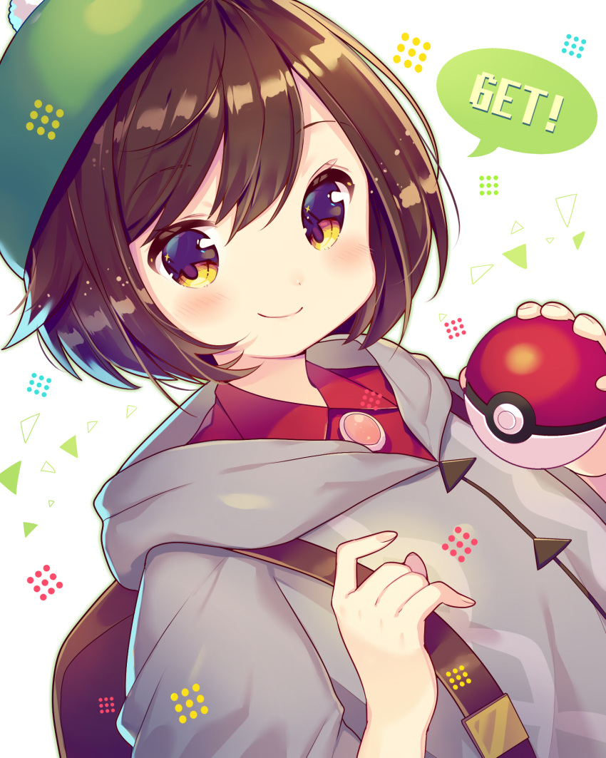 1girl backpack bag bangs blush brown_eyes brown_hair closed_mouth collared_shirt commentary_request creatures_(company) dutch_angle english_text eyebrows_visible_through_hair female_protagonist_(pokemon_swsh) fingernails game_freak grey_jacket hair_between_eyes hands_up highres holding holding_poke_ball hood hood_down hooded_jacket ikari_(aor3507) jacket nintendo poke_ball poke_ball_(generic) pokemon pokemon_(game) pokemon_swsh puffy_short_sleeves puffy_sleeves red_shirt shirt short_hair short_sleeves smile solo tam_o'_shanter white_background