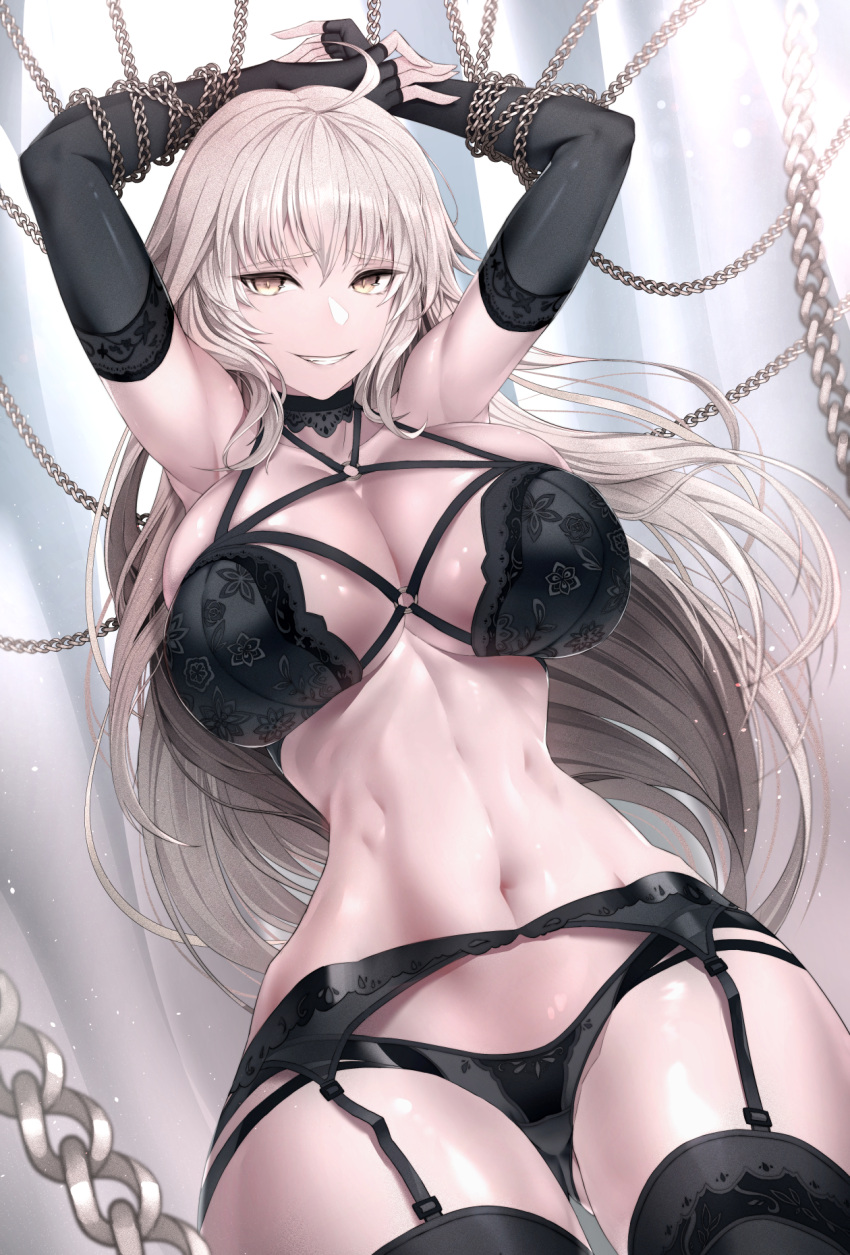 1girl ahoge bangs black_garter_belt black_garter_straps black_lingerie breasts chains cleavage commentary_request curtains fate/grand_order fate_(series) garter_belt garter_straps grin highres inner_sideboob jeanne_d'arc_(alter)_(fate) jeanne_d'arc_(fate) jeanne_d'arc_(fate)_(all) lace lace-trimmed_bra lace-trimmed_garter_belt lace-trimmed_lingerie lace-trimmed_thighhighs lace_trim large_breasts limeblock lingerie long_hair navel o-ring o-ring_top silver_hair smile solo thigh-highs thighs tsurime underwear yellow_eyes