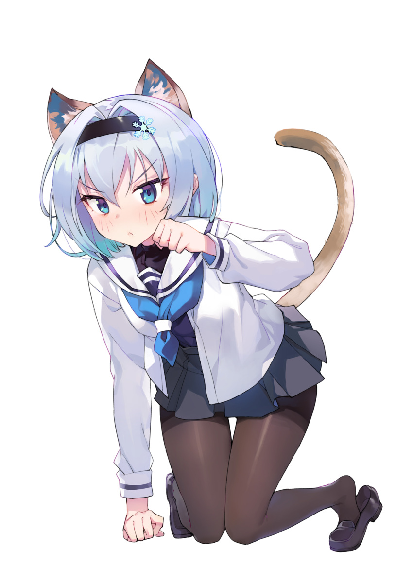 1girl :&lt; all_fours animal_ears black_footwear black_hairband black_shirt black_skirt blue_eyes blue_neckwear blush brown_legwear cat_ears cat_girl cat_tail closed_mouth frown full_body hair_intakes hair_ornament hairband highres jehyun kemonomimi_mode loafers long_sleeves looking_at_viewer miniskirt open_clothes open_shirt pantyhose paw_pose pleated_skirt ryuuou_no_oshigoto! sailor_collar school_uniform shirt shoes short_hair sidelocks silver_hair simple_background skirt snowflake_hair_ornament solo sora_ginko tail thigh_gap undershirt v-shaped_eyebrows white_background white_sailor_collar white_shirt