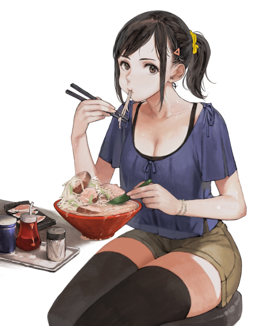 1girl black_eyes black_hair black_legwear bowl bracelet breasts chopsticks cleavage eating food_in_mouth highres holding holding_chopsticks jewelry jun_(seojh1029) looking_at_viewer original ponytail shorts simple_background sitting solo thigh-highs white_background