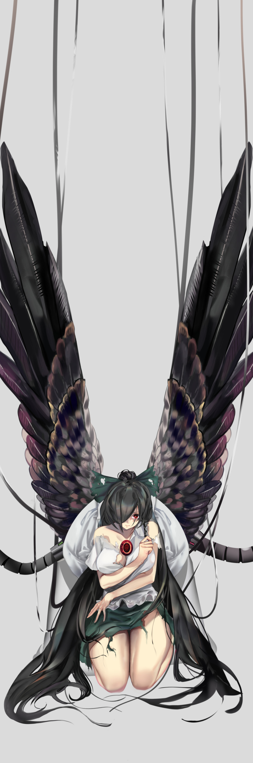 1girl absurdres bangs bare_arms bare_legs bare_shoulders bird_wings black_hair black_wings blouse bow breasts bright_pupils cable cape closed_mouth collared_blouse commentary_request feathered_wings full_body green_bow green_skirt hair_bow hair_over_one_eye hand_up high_ponytail highres kneeling long_hair looking_at_viewer parted_bangs ponytail red_eyes reiuji_utsuho shirasu_(19san) short_sleeves skirt solo third_eye torn_blouse torn_clothes torn_skirt torn_sleeves touhou v-shaped_eyebrows very_long_hair white_blouse white_cape white_pupils wing_collar wings