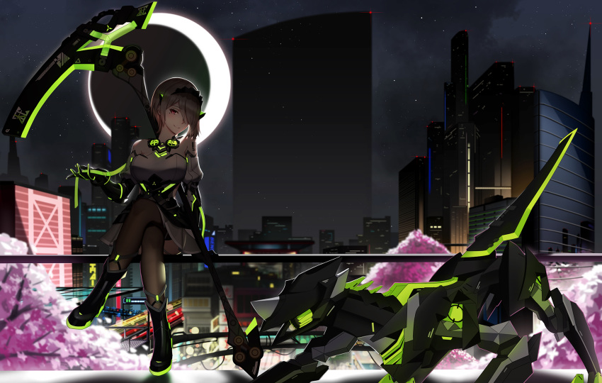 1girl armor armored_dress bangs barcode black_footwear blurry blurry_background boots breasts brown_legwear cherry_blossoms cityscape covered_mouth crescent_moon dress elbow_gloves freze full_body gloves grin hair_over_one_eye hand_up headpiece highres holding holding_scythe honkai_(series) honkai_impact_3 horns knee_boots legs_crossed looking_at_viewer mecha mechanical_gloves mole mole_under_eye moon neon_trim night red_eyes rita_rossweisse rita_rossweisse_(phantom_iron) scythe short_hair side_cutout sidelocks sitting smile solo thigh-highs tube wind