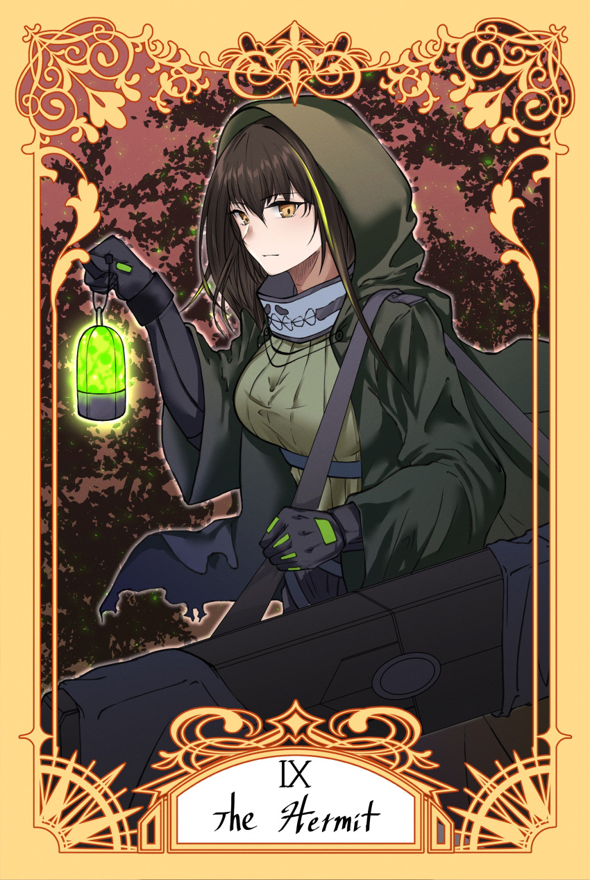 1girl absurdres black_hair cloak english_text girls_frontline gloves highres hood hooded_cloak lamp m4a1_(girls_frontline) mod3_(girls_frontline) roman_numerals solo stigmamyu tarot the_hermit_(tarot_card) yellow_eyes