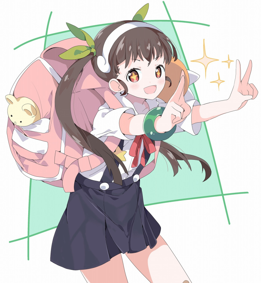 +_+ 1girl :d backpack bag bakemonogatari bangle bangs black_skirt blush bracelet brown_hair collared_shirt commentary double_v eyebrows_visible_through_hair fang green_ribbon hachikuji_mayoi hair_ribbon hairband highres jewelry long_hair monogatari_(series) open_mouth outstretched_arms pleated_skirt red_eyes revision ribbon shirt short_sleeves skirt smile solo sparkle stuffed_animal stuffed_toy suspender_skirt suspenders tantan_men_(dragon) teddy_bear twintails v very_long_hair white_hairband white_shirt