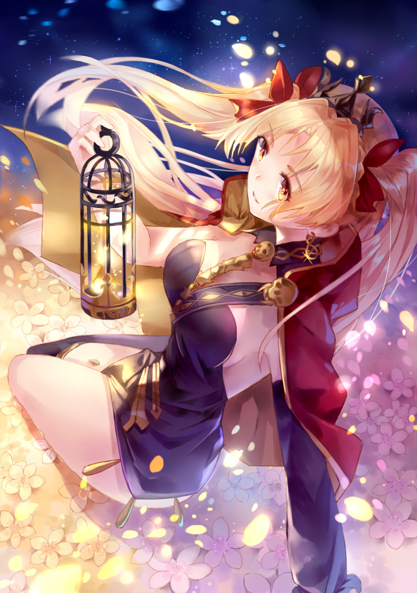 1girl amicis_(amisic) asymmetrical_legwear asymmetrical_sleeves black_dress black_legwear black_sleeves blonde_hair bow breasts cape choker diadem dress earrings ereshkigal_(fate/grand_order) fate/grand_order fate_(series) floating_hair flower hair_bow highres holding_cage jewelry long_hair medium_breasts petals red_bow red_cape short_dress sideboob single_sleeve single_thighhigh sitting sky sleeveless sleeveless_dress smile solo star_(sky) starry_sky strapless strapless_dress thigh-highs very_long_hair yellow_eyes yellow_flower