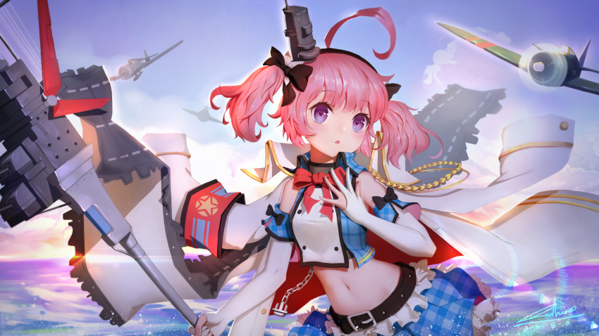 1girl absurdres ahoge aiguillette aircraft airplane armband artist_request azur_lane banner black_hair black_ribbon blush bow cannon clouds commentary_request elbow_gloves eyelashes flight_deck gloves hair_bow hair_ribbon headband headgear heart heart-shaped_pupils highres holding holding_staff jacket long_hair long_sleeves looking_at_viewer machinery military military_jacket military_uniform naval_uniform navel open_clothes open_jacket open_mouth outdoors partly_fingerless_gloves pink_hair remodel_(azur_lane) ribbon saratoga_(azur_lane) scepter signature sky solo staff stomach symbol-shaped_pupils twintails uniform violet_eyes water white_gloves white_jacket