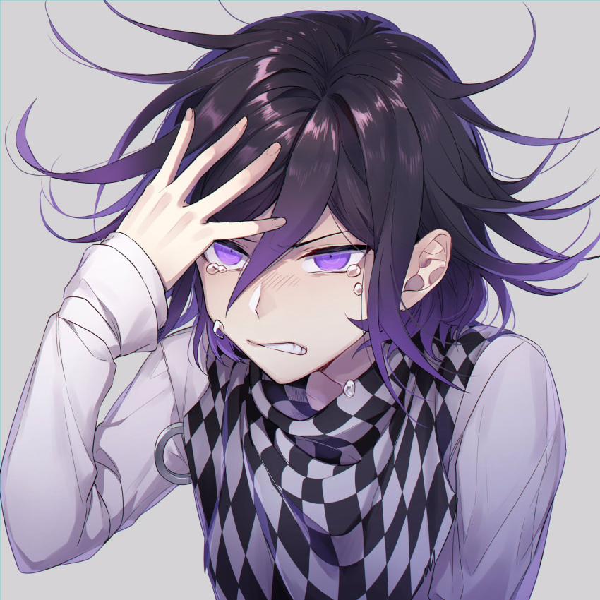 1boy black_hair blush checkered checkered_scarf dangan_ronpa eyebrows_visible_through_hair face floating_hair grey_background hair_between_eyes hand_in_hair hat highres jacket long_sleeves looking_at_viewer male_focus nanin new_dangan_ronpa_v3 ouma_kokichi peaked_cap purple_hair scarf short_hair simple_background solo straitjacket teardrop tears violet_eyes white_jacket