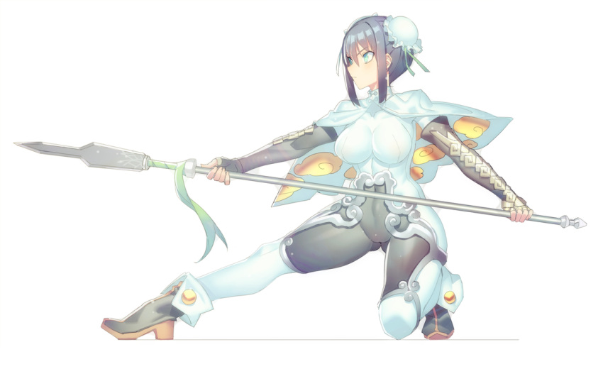 1girl ass_visible_through_thighs black_gloves black_hair blue_eyes bodysuit breasts capelet covered_navel double_bun elbow_gloves fate/grand_order fate_(series) flower gloves high_heels holding holding_spear holding_weapon mckeee polearm qin_liangyu_(fate) solo spear squatting weapon