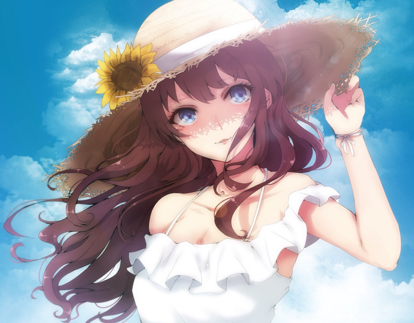 1girl adjusting_headwear bangs bare_shoulders blouse blue_eyes blue_sky blush breasts brown_hair cleavage clouds collarbone dya earrings eyebrows_visible_through_hair floating_hair flower hat hat_flower highres ichinose_shiki idolmaster idolmaster_cinderella_girls jewelry long_hair looking_at_viewer medium_breasts off-shoulder_blouse open_mouth outdoors ribbon ryuu. sidelocks sky smile solo straw_hat sunflower wavy_hair white_blouse white_ribbon wind wrist_ribbon