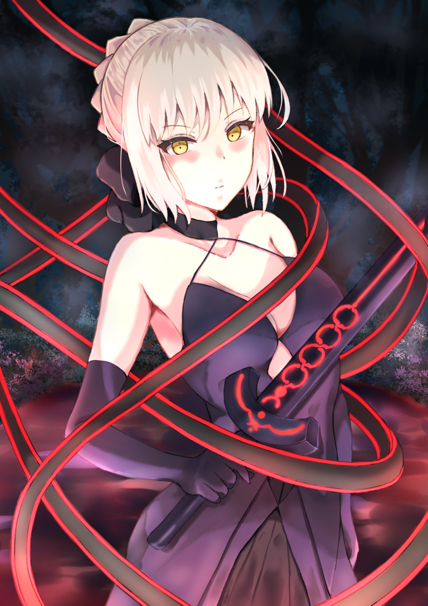 1girl artoria_pendragon_(all) black_bow black_ribbon black_skirt blush bow braided_bun breasts choker cleavage collarbone dark_excalibur elbow_gloves eyebrows_visible_through_hair fate/stay_night fate_(series) forest formal gloves gothic_lolita hair_between_eyes hair_bow highres holding holding_sword holding_weapon lolita_fashion medium_breasts nature night outdoors pleated_skirt purple_gloves purple_shirt ribbon ripi_ur saber_alter shiny shiny_hair shirt short_hair silver_hair skirt skirt_suit sleeveless sleeveless_shirt solo standing suit sword weapon yellow_eyes