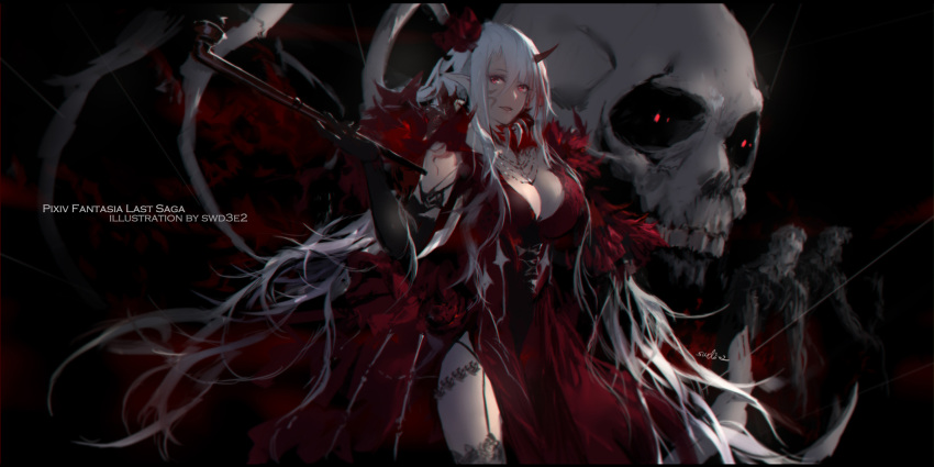 1girl artist_name bangs black_background black_gloves black_legwear breasts cleavage commentary_request copyright_name dress elbow_gloves eyebrows_visible_through_hair facial_mark feather_boa garter_straps gloves glowing glowing_eyes hair_between_eyes hand_up highres holding holding_pipe horn kiseru large_breasts long_hair monster pipe pixiv_fantasia pixiv_fantasia_last_saga red_dress red_eyes signature skull sleeveless sleeveless_dress solo standing swd3e2 thigh-highs very_long_hair white_hair
