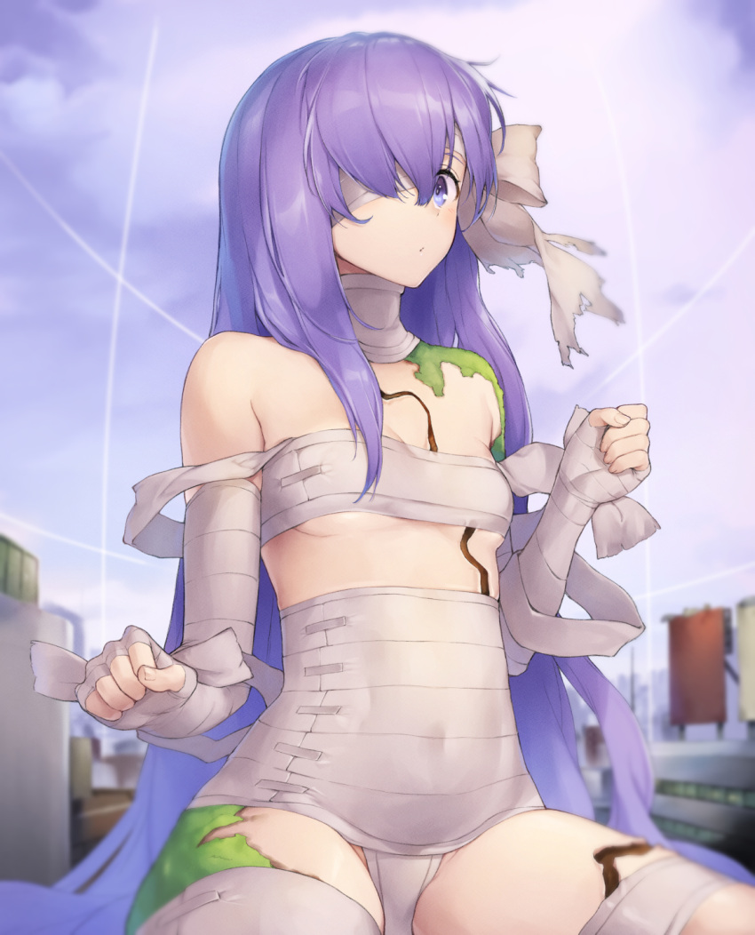 1girl bandage bandage_on_face bandage_over_one_eye bandaged_arm bandaged_head bandaged_leg bandages bangs bare_shoulders blurry blurry_background blush breasts building city clouds commentary_request covered_navel dabuki day fate/grand_order fate_(series) fingernails giantess highres kingprotea leaf long_hair looking_away medium_breasts moss one_eye_covered outdoors purple_hair sarashi sitting sky solo under_boob very_long_hair violet_eyes