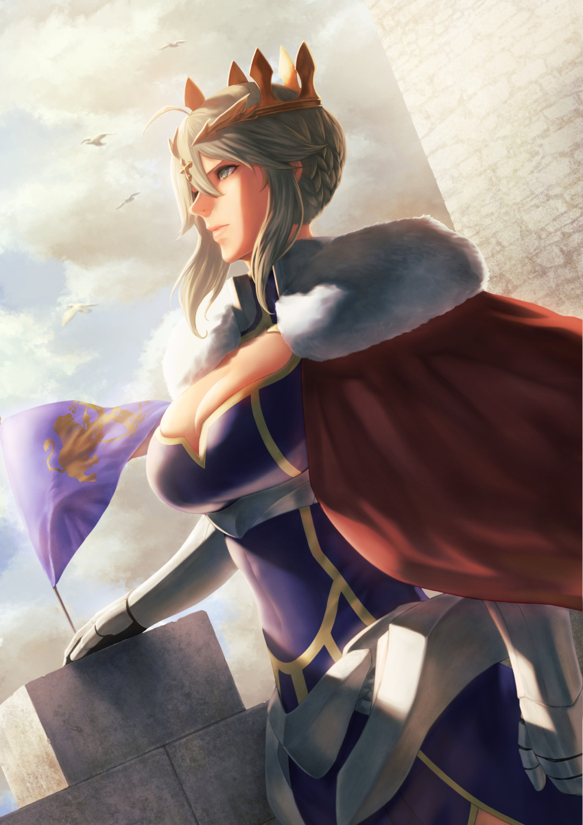 1girl armor artoria_pendragon_(all) artoria_pendragon_(lancer) bangs bird blonde_hair blue_dress braid breasts cape castle clouds commentary_request crown dress fate/grand_order fate_(series) flag french_braid fur-trimmed_cape fur_trim gauntlets green_eyes hair_between_eyes highres large_breasts mugetsu2501 red_cape sidelocks sky swept_bangs