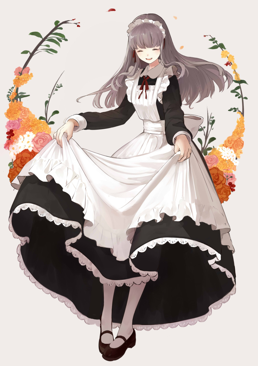 1girl :d ^_^ absurdres apron bangs black_dress black_footwear brown_flower brown_hair brown_rose closed_eyes closed_eyes commentary_request dress facing_viewer flower full_body grey_background highres long_dress long_hair long_sleeves maid maid_apron maid_headdress mary_janes open_mouth orange_flower original pantyhose pigeon-toed pink_flower pink_rose revision rose shii_(kairi-t-k0317) shoes skirt_hold smile solo standing white_apron white_flower white_legwear yellow_flower yellow_rose