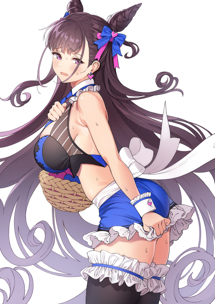 1girl absurdres ameyame bangs basket black_legwear blush breasts brown_hair curly_hair double_bun earrings fate/grand_order fate_(series) frilled_legwear frilled_skirt frills hair_ornament hair_ribbon heart heart_earrings highres jewelry large_breasts long_hair looking_at_viewer midriff miniskirt murasaki_shikibu_(fate) open_mouth ribbon simple_background skirt skirt_tug sleeveless solo thigh-highs very_long_hair violet_eyes white_background wrist_cuffs