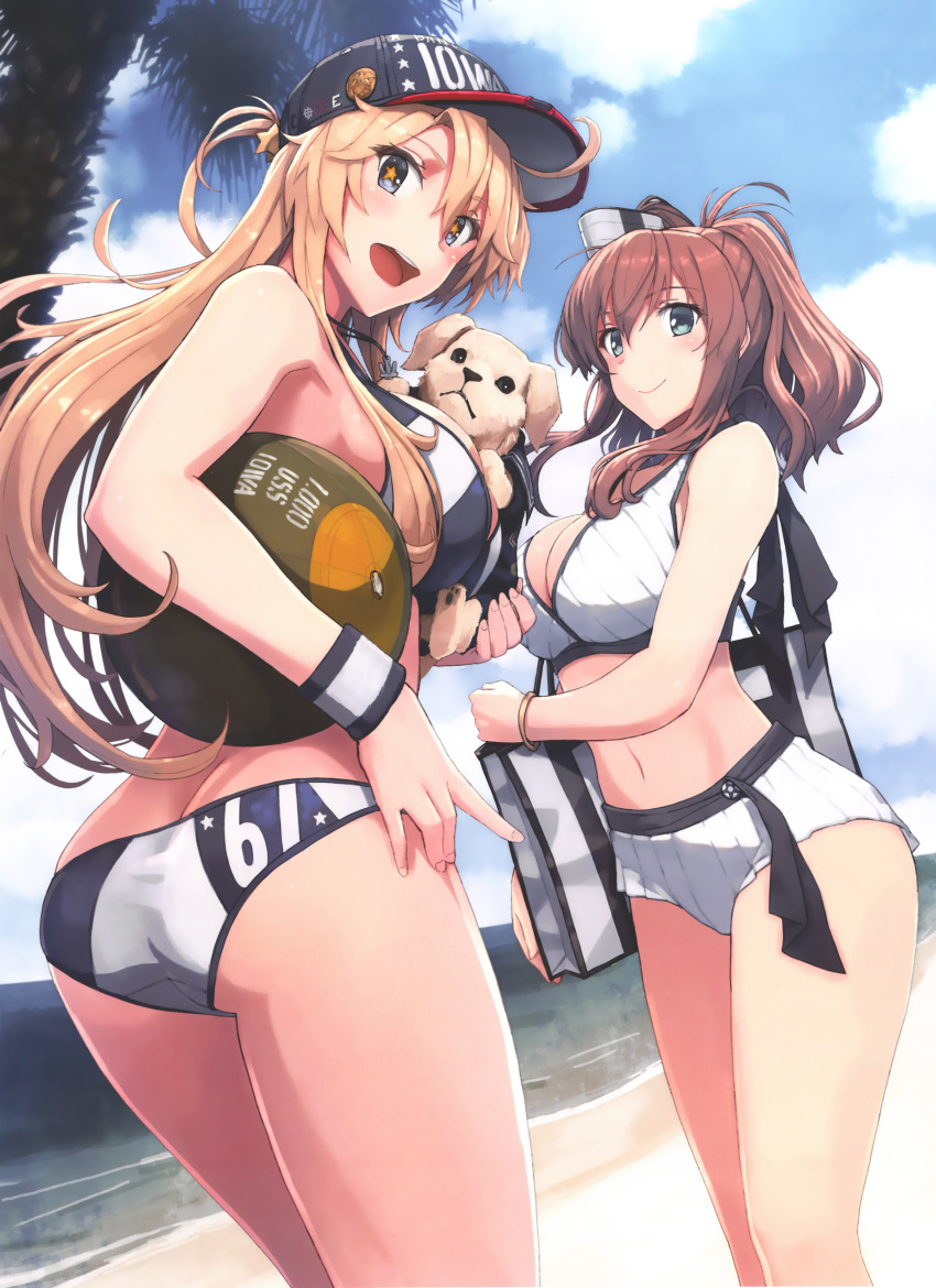 2girls :d absurdres ass bag baseball_cap beach bikini blonde_hair blue_eyes bracelet breasts brown_hair cleavage clouds cloudy_sky day dog dutch_angle eyebrows_visible_through_hair hair_between_eyes hat highres iowa_(kantai_collection) jewelry kantai_collection large_breasts long_hair multiple_girls navel open_mouth outdoors ponytail saratoga_(kantai_collection) scan shizuma_yoshinori shoulder_bag sidelocks sky smile star star-shaped_pupils swimsuit symbol-shaped_pupils white_bikini wristband