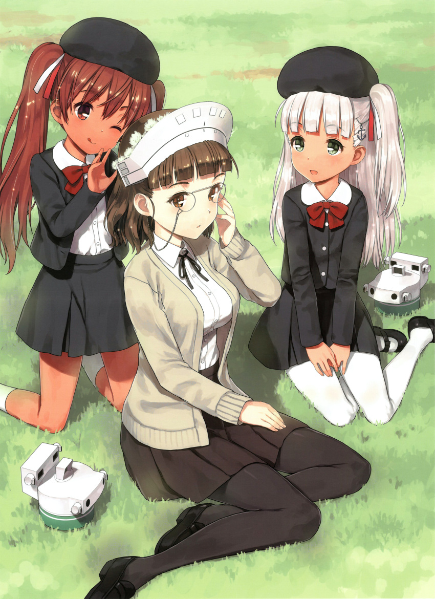 absurdres anchor_hair_ornament bangs beret black_dress blunt_bangs breasts brown_eyes brown_hair dress eyebrows_visible_through_hair flower glasses grass green_eyes hair_flower hair_ornament hair_ribbon hat headdress highres jiji kantai_collection kneeling large_breasts lawn libeccio_(kantai_collection) long_hair maestrale_(kantai_collection) official_art one_side_up outdoors red_ribbon ribbon roma_(kantai_collection) scan scan_artifacts school_uniform shirt silver_hair sitting_on_ground smile thigh-highs tongue tongue_out twintails wavy_hair white_dress white_legwear white_ribbon white_shirt