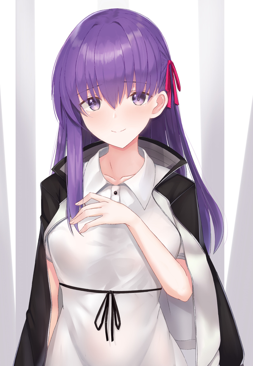 1girl absurdres bangs black_jacket blush breasts closed_mouth collarbone commentary_request dress eyebrows_visible_through_hair fate/stay_night fate_(series) fingernails hair_between_eyes hair_ribbon hand_on_own_chest hand_up heaven's_feel highres i.f.s.f jacket jacket_on_shoulders long_hair matou_sakura medium_breasts purple_hair red_ribbon ribbon smile solo upper_body violet_eyes white_dress