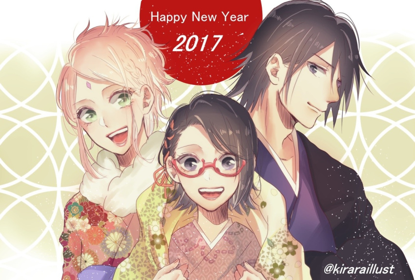 2017 alternate_costume beige_background black_eyes black_hair boruto:_naruto_next_generations closed_mouth commentary_request eyelashes facial_mark family father_and_daughter flipped_hair floral_print forehead_mark fur-trimmed_kimono fur_collar fur_trim glasses green_eyes hair_over_one_eye hair_strand happy happy_new_year haruno_sakura husband_and_wife japanese_clothes kimono long_sleeves looking_at_viewer mother_and_daughter naruto_(series) new_year older open_mouth pink_hair pink_kimono print_kimono red-framed_eyewear semi-rimless_eyewear short_hair smile spiky_hair uchiha_sarada uchiha_sasuke upper_body upper_teeth wide_sleeves