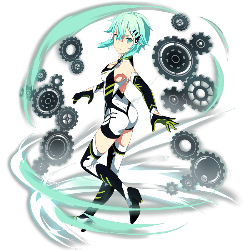 1girl ass backless_outfit blue_eyes blue_hair boots breasts cleavage elbow_gloves floating_hair from_side full_body gears gloves hair_between_eyes hair_ornament hairclip highres jumpsuit leg_up looking_at_viewer medium_breasts official_art short_hair sinon skin_tight solo sword_art_online thigh-highs thigh_boots transparent_background white_jumpsuit