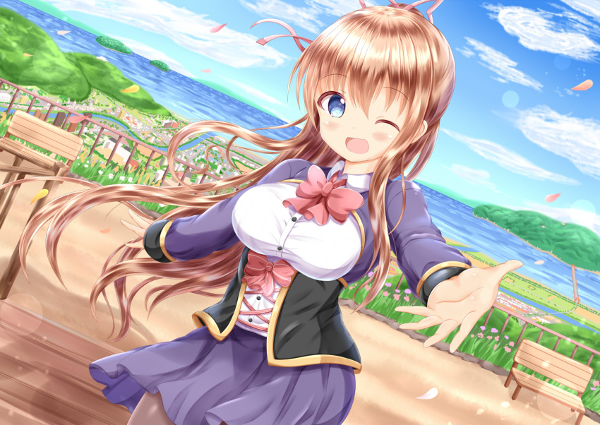 1girl ;d bangs bench blue_eyes blue_sky blush bow breasts bridge brown_hair brown_legwear cityscape clouds cloudy_sky collared_shirt commentary_request day dress_shirt dutch_angle eyebrows_visible_through_hair hair_between_eyes horizon jacket large_breasts long_hair long_sleeves ocean one_eye_closed open_mouth original outdoors outstretched_arm pantyhose park_bench petals purple_jacket purple_skirt railing red_bow shirt skirt sky sleeves_past_wrists smile solo underbust very_long_hair water white_shirt zenon_(for_achieve)