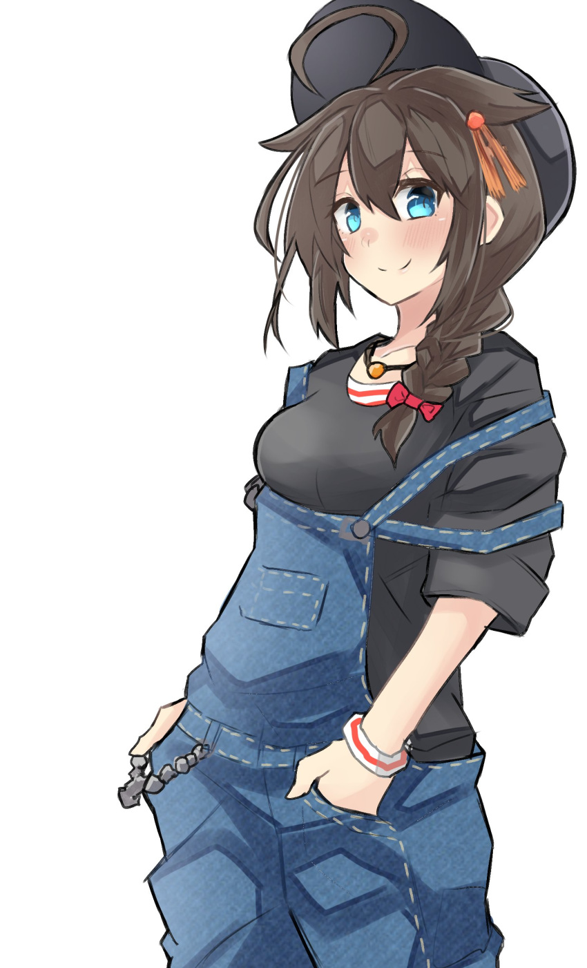 1girl absurdres ahoge alternate_costume baseball_cap black_hair black_hat black_shirt blue_eyes bracelet braid casual commentary_request dokuganryuu hair_flaps hair_over_shoulder hands_in_pockets hat highres jewelry kantai_collection looking_at_viewer overalls remodel_(kantai_collection) shigure_(kantai_collection) shirt simple_background single_braid solo white_background