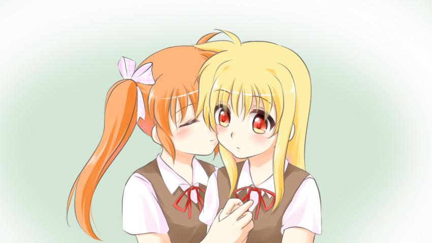 2girls blonde_hair blush closed_eyes couple fate_testarossa hair_ornament hair_ribbon hand_holding happy kerorokjy kiss long_hair looking_at_another lyrical_nanoha mahou_shoujo_lyrical_nanoha multiple_girls orange_hair pink_ribbon ponytail red_eyes ribbon school_uniform side_ponytail simple_background surprised takamachi_nanoha uniform wide-eyed yuri