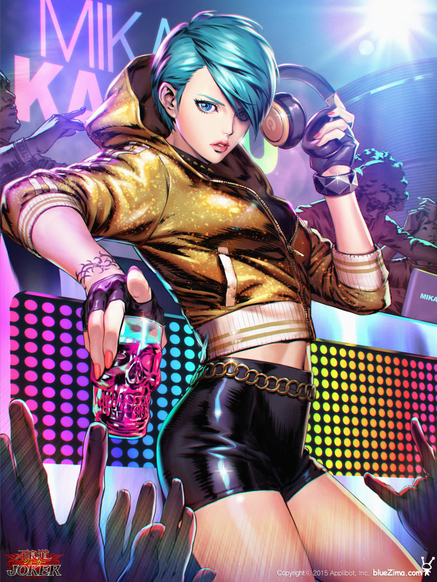 1girl 3boys absurdres aqua_hair bike_shorts black_gloves blue_eyes bracelet check_copyright collar company_name computer cup dj dong-wook_shin drinking_glass fingerless_gloves gang_road_joker glint gloves hand_up hands headphones headphones_removed highres holding_headphones hood hood_down indoors jewelry laptop logo looking_at_viewer midriff mikane_(gang_road_joker) multiple_boys nail_polish nightclub parted_lips pink_nails short_hair shot_glass solo_focus spiked_collar spikes tattoo zipper