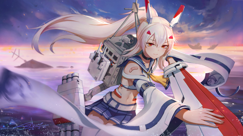 1girl absurdres artist_request ayanami_(azur_lane) azur_lane bandaid_on_arm bangs bare_shoulders black_choker blue_sailor_collar blue_skirt blush breasts chinese_commentary choker closed_eyes clouds cloudy_sky collarbone commentary_request crop_top dated detached_sleeves floating_hair hair_between_eyes headgear high_ponytail highres holding holding_sword holding_weapon light_brown_hair long_hair long_sleeves looking_at_viewer machinery midriff miniskirt navel neckerchief outdoors pleated_skirt red_eyes remodel_(azur_lane) sailor_collar school_uniform serafuku shirt sideboob signature skirt sky sleeveless sleeveless_shirt small_breasts solo stomach sword thigh-highs torpedo_tubes turret water weapon white_legwear white_shirt wide_sleeves yellow_neckwear