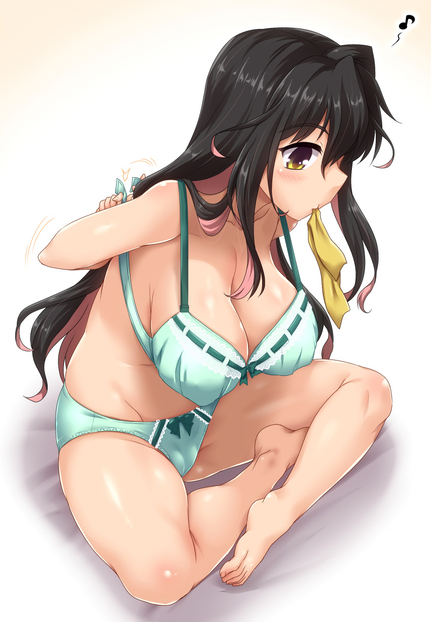 1girl absurdres arms_behind_back barefoot black_hair blush bow bow_panties bra breasts cleavage collarbone commentary_request eighth_note full_body green_bra green_panties hair_down highres indian_style kantai_collection large_breasts long_hair mouth_hold multicolored_hair musical_note naganami_(kantai_collection) panties pink_hair ribbon simple_background sitting solo two-tone_hair underwear underwear_only wavy_hair white_background yellow_eyes yellow_ribbon yoshi_tama