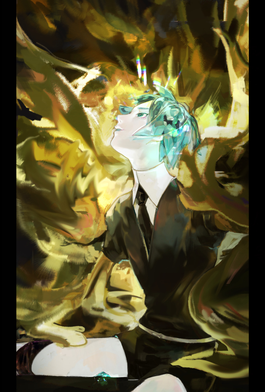 1other absurdres androgynous aqua_eyes aqua_hair crystal_hair gem_uniform_(houseki_no_kuni) gold highres houseki_no_kuni looking_up necktie phosphophyllite short_hair smile solo