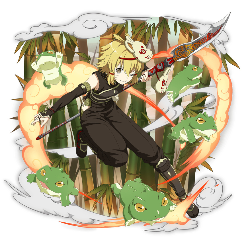 1girl ;) argo_the_rat blonde_hair brown_eyes brown_sleeves detached_sleeves facial_mark frog full_body hair_between_eyes hair_ribbon highres holding_polearm leg_up long_sleeves looking_at_viewer mask mask_on_head mouse_mask official_art one_eye_closed outstretched_arm red_ribbon ribbon shiny shiny_hair short_hair smile solo sword_art_online transparent_background