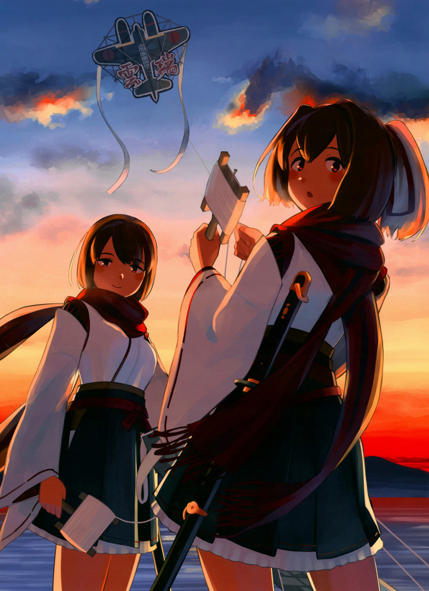 2girls absurdres adapted_uniform blue_hakama brown_eyes brown_hair detached_sleeves hair_ribbon hakama highres hyuuga_(kantai_collection) ise_(kantai_collection) japanese_clothes kantai_collection katana kimono kite looking_at_viewer looking_back medium_hair multiple_girls nontraditional_miko official_art pleated_skirt ponytail remodel_(kantai_collection) ribbon scarf shibafu_(glock23) short_hair skirt sword traditional_clothes weapon wide_sleeves