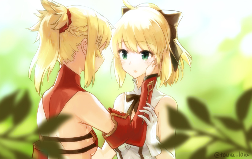 2girls artoria_pendragon_(all) black_bow blonde_hair bow bra breasts choker detached_sleeves eyebrows_visible_through_hair fate_(series) gloves green_eyes hair_bow hair_ornament hair_scrunchie hand_on_another's_cheek hand_on_another's_face high_ponytail long_sleeves mordred_(fate) mordred_(fate)_(all) multiple_girls open_mouth outdoors red_bra red_scrunchie red_sleeves saber_lily scrunchie shirt short_hair sideboob sleeveless sleeveless_shirt small_breasts strapless strapless_bra touru_10ru twitter_username underwear upper_body white_gloves white_shirt