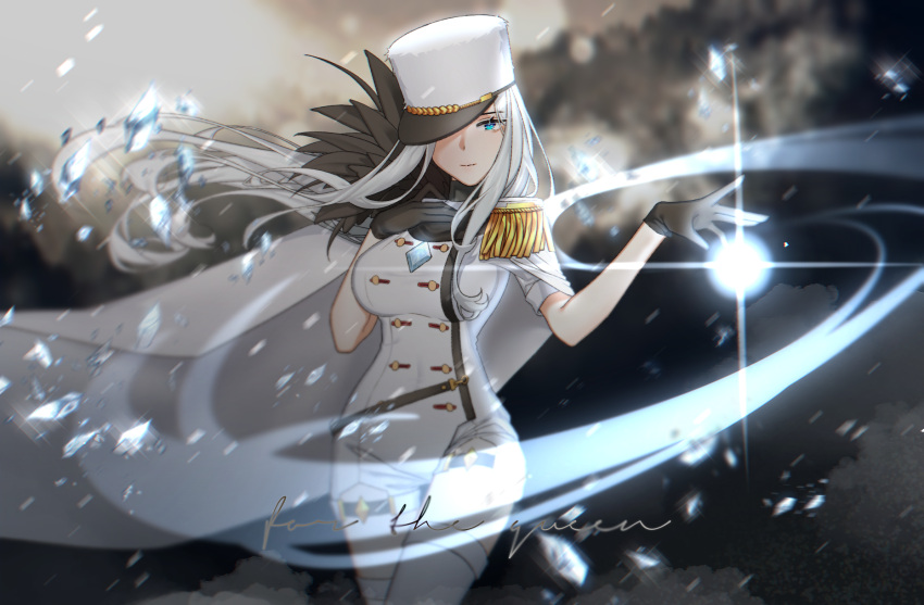1girl black_gloves blue_eyes blurry blurry_background cape english_text epaulettes gloves grey_sky highres ice long_hair looking_at_viewer military military_uniform miracle_snack_shop one_eye_covered outdoors philia_salis short_sleeves solo standing thigh-highs thigh_strap uniform very_long_hair white_cape white_hair zelato