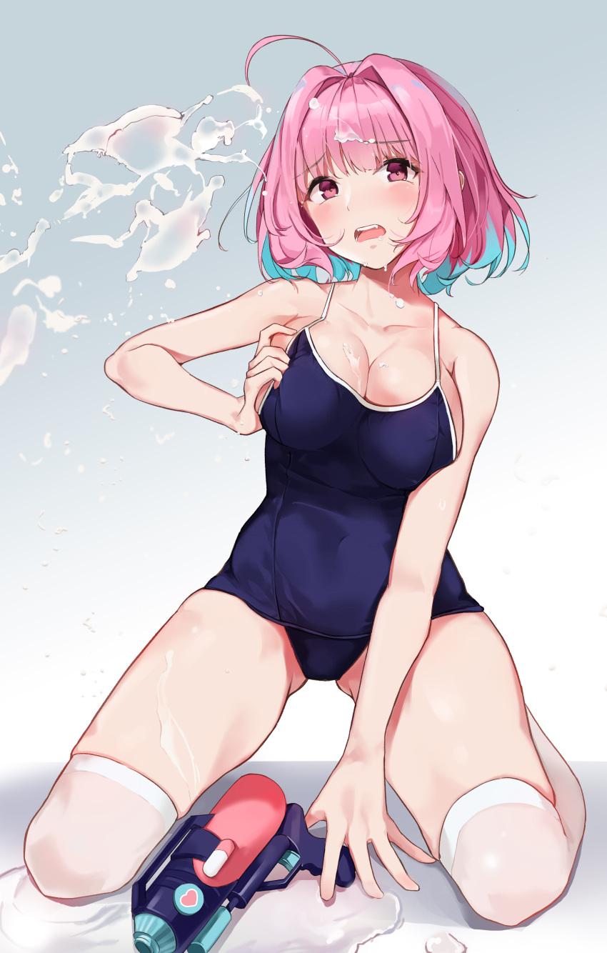1girl absurdres ahoge bangs blue_hair blush breasts cleavage collarbone covered_navel eyebrows_visible_through_hair gradient gradient_background grey_background highres idolmaster idolmaster_cinderella_girls kneeling large_breasts looking_at_viewer lv.p multicolored_hair one-piece_swimsuit open_mouth pink_eyes pink_hair school_swimsuit sexually_suggestive short_hair solo swimsuit teeth thigh-highs thighs two-tone_hair water water_gun white_legwear yumemi_riamu