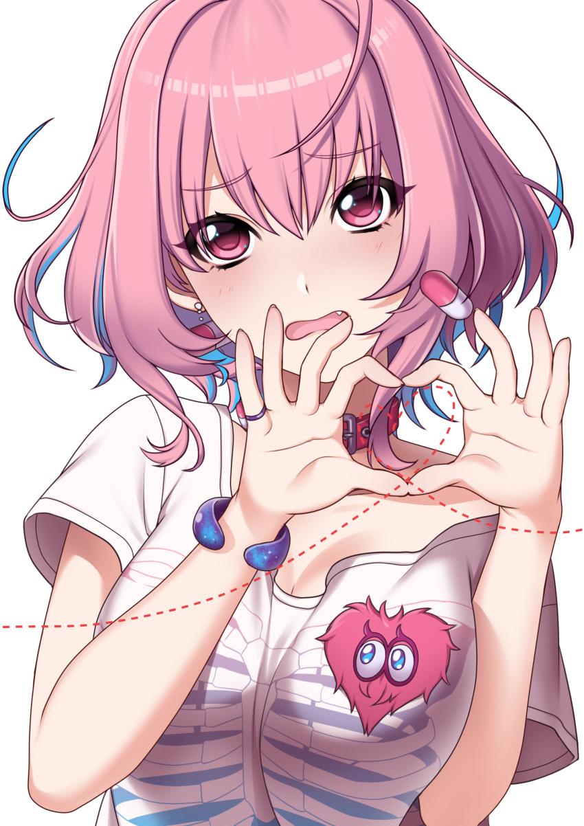 1girl bangs blue_hair blush breasts cleavage collar eyebrows_visible_through_hair fang heart heart_hands highres idolmaster idolmaster_cinderella_girls jewelry large_breasts looking_at_viewer multicolored_hair off_shoulder open_mouth pill_earrings pink_collar pink_eyes pink_hair ring sena_(mineruba) shirt short_hair simple_background skeleton_print two-tone_hair upper_body wavy_mouth white_shirt yumemi_riamu