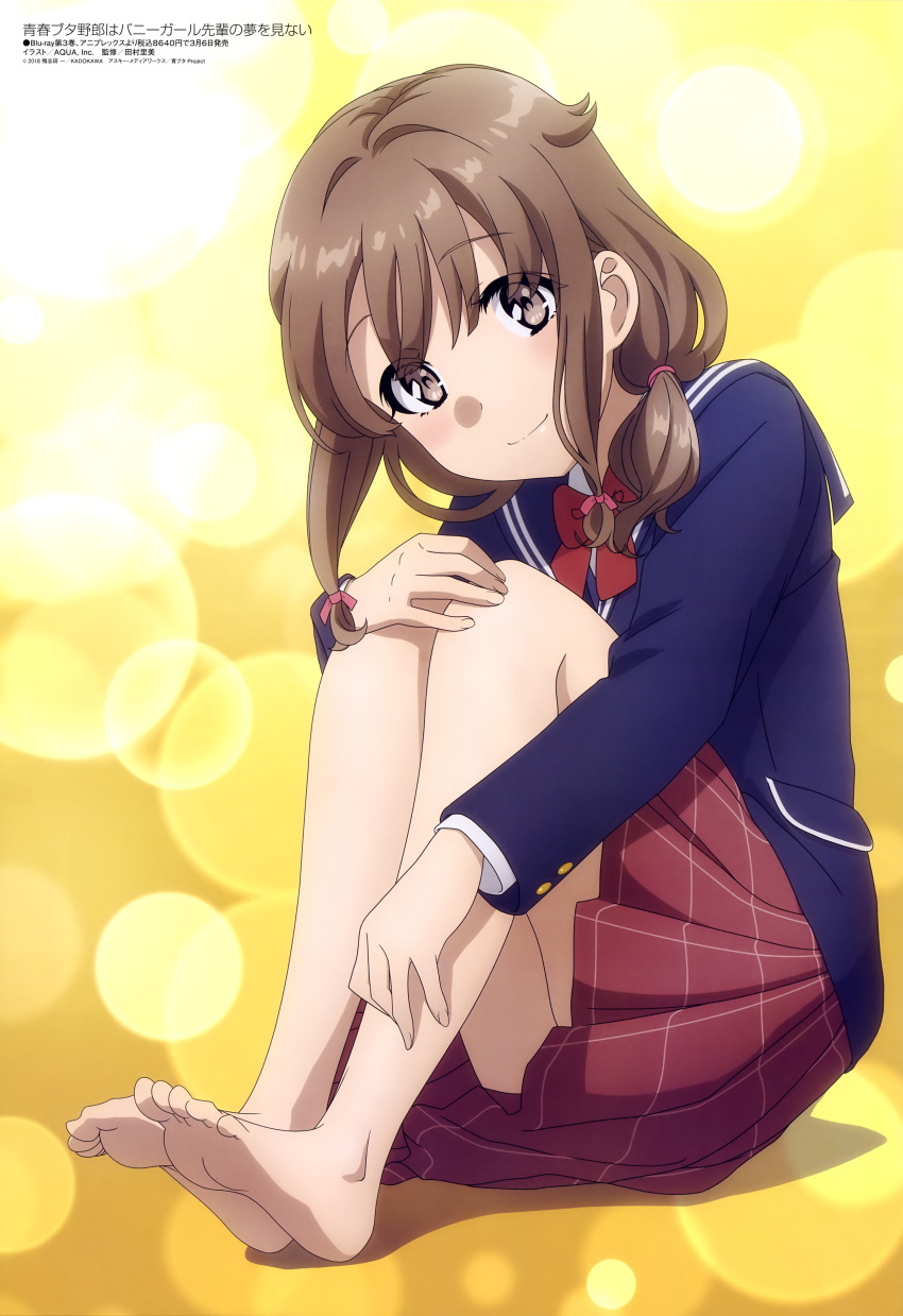 1girl absurdres aqua_inc. azusagawa_kaede bangs barefoot blush bow brown_eyes brown_hair eyebrows_visible_through_hair eyes_visible_through_hair feet hair_ribbon highres leg_hug long_sleeves looking_at_viewer magazine_scan medium_hair megami official_art plaid plaid_skirt pleated_skirt red_bow red_skirt ribbon scan school_uniform seishun_buta_yarou shiny shiny_hair sitting skirt smile solo yellow_background