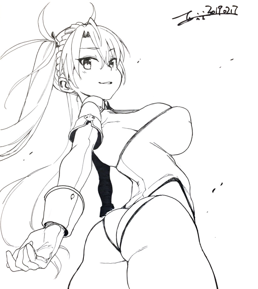 1girl ass bradamante_(fate/grand_order) braid breasts covered_nipples cowboy_shot cropped crown_braid detached_sleeves eyebrows_visible_through_hair fate/grand_order fate_(series) foreshortening gloves hair_between_eyes highres large_breasts leotard long_hair looking_at_viewer monochrome parted_lips skindentation smile solo third-party_edit try twintails