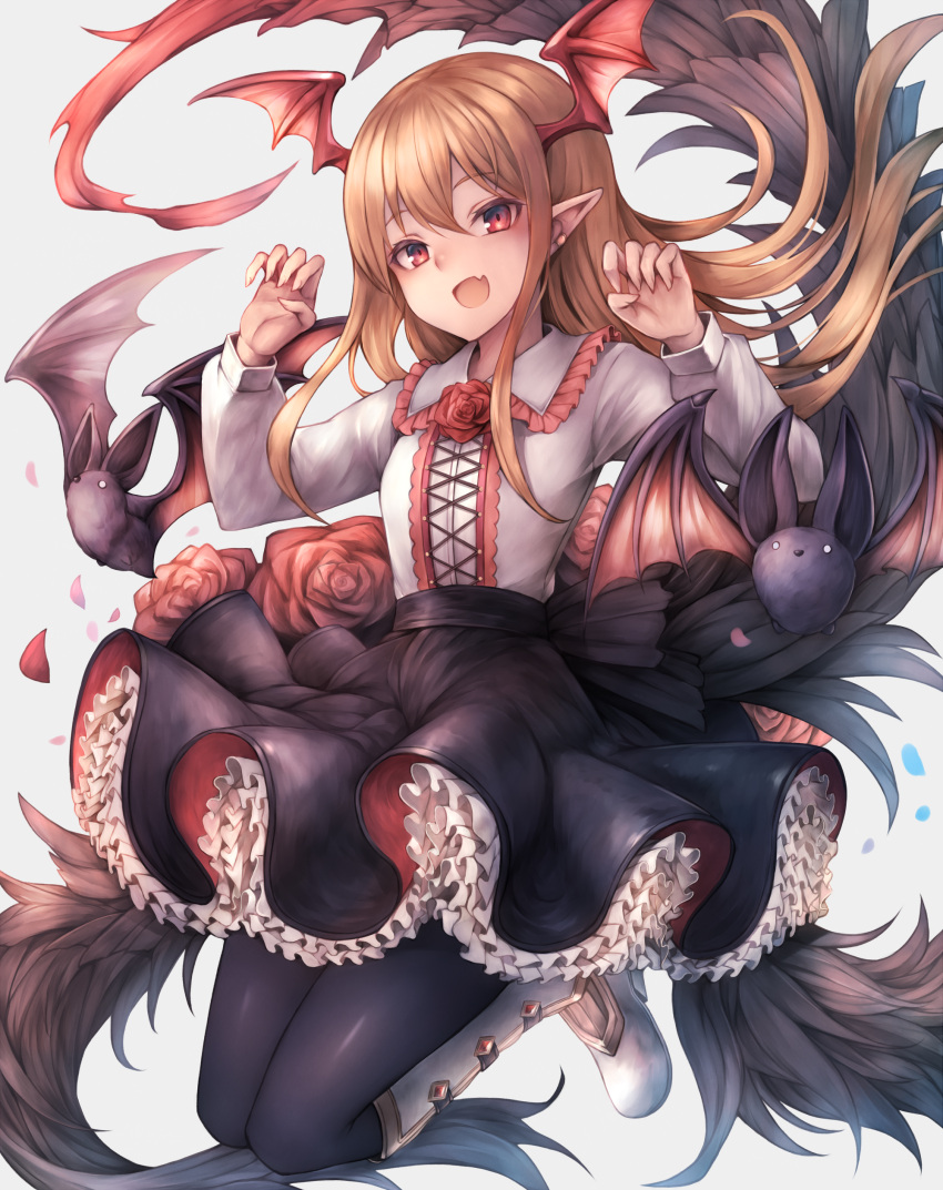 1girl :d absurdres animal bat black_legwear black_skirt blonde_hair boots collared_shirt fang feathers fingernails floating_hair flower frilled_shirt_collar frilled_skirt frills full_body hair_between_eyes hands_up head_wings highres inaba_sunimi knee_boots legs_up long_hair long_sleeves looking_at_viewer open_mouth pantyhose petals pointy_ears red_eyes red_flower rose sharp_fingernails shingeki_no_bahamut shirt shirt_tucked_in sidelocks skirt smile solo vampy white_background white_footwear white_shirt