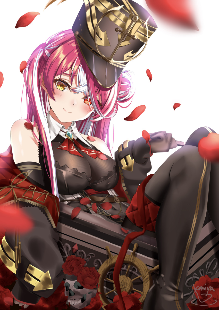 1girl absurdres ascot black_headwear blush boots bow breasts hair_between_eyes hair_bow hair_ornament heterochromia highres hololive houshou_marine jacket komiya_latte large_breasts leotard leotard_under_clothes long_hair looking_at_viewer pirate red_ascot red_eyes red_ribbon redhead ribbon see-through see-through_leotard thigh-highs thigh_boots treasure_chest very_long_hair virtual_youtuber yellow_eyes