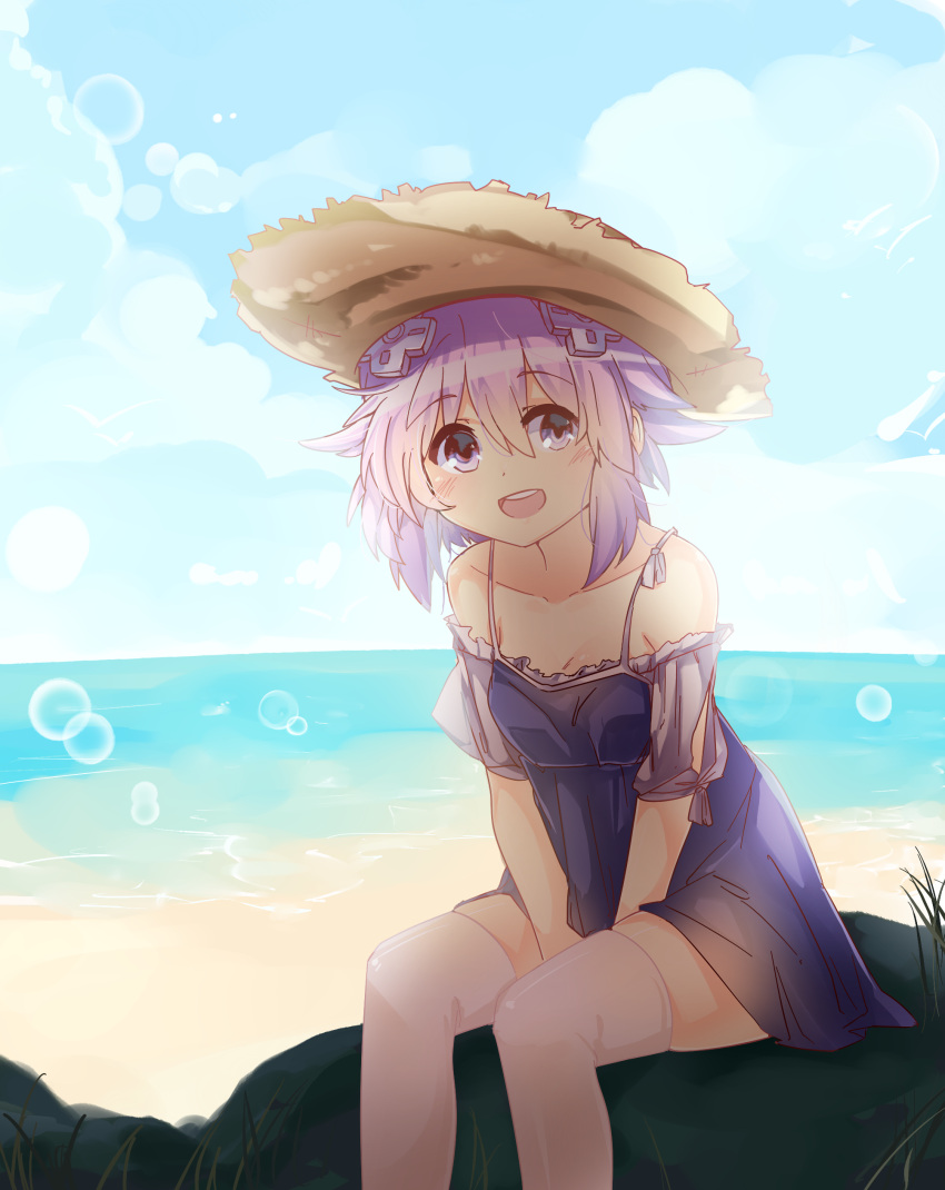 1girl absurdres ayanobro bangs bare_shoulders beach between_legs bird blush breasts choujigen_game_neptune cleavage clouds collarbone dress grass hair_ornament hat highres lens_flare looking_at_viewer medium_hair neptune_(neptune_series) neptune_(series) ocean open_mouth purple_hair rock seagull sidelocks sitting sky small_breasts smile solo thigh-highs violet_eyes zettai_ryouiki