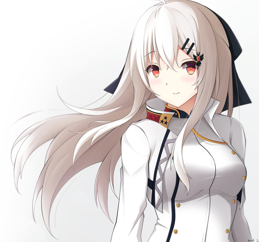 1girl ahoge black_ribbon blush breasts buttons closed_mouth cropped_jacket floating_hair girls_frontline gradient gradient_background hair_ornament hair_ribbon hairclip highres iws-2000_(girls_frontline) jacket keenh long_hair long_sleeves looking_at_viewer medium_breasts military military_uniform open_clothes open_jacket red_eyes ribbon shirt smile solo star uniform upper_body white_background white_hair white_jacket white_shirt