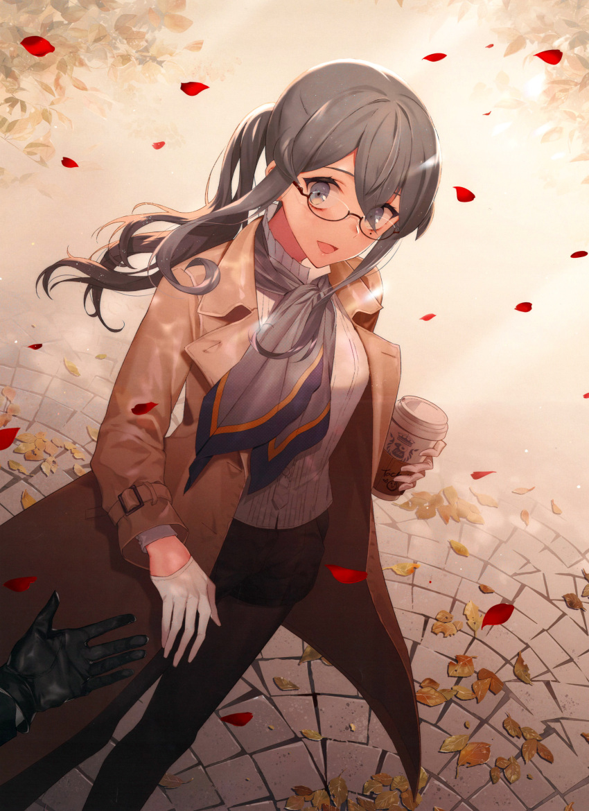 1girl absurdres bad_hand black_gloves blue_hair blue_neckwear blush brown_coat coat coffee coffee_cup cup disposable_cup drew_(drew213g) glasses gloves gotland_(kantai_collection) half_gloves highres kantai_collection leaf long_hair looking_at_viewer mole mole_under_eye neck_ribbon official_art pantyhose ribbon scan scan_artifacts shorts sweater white_gloves white_sweater