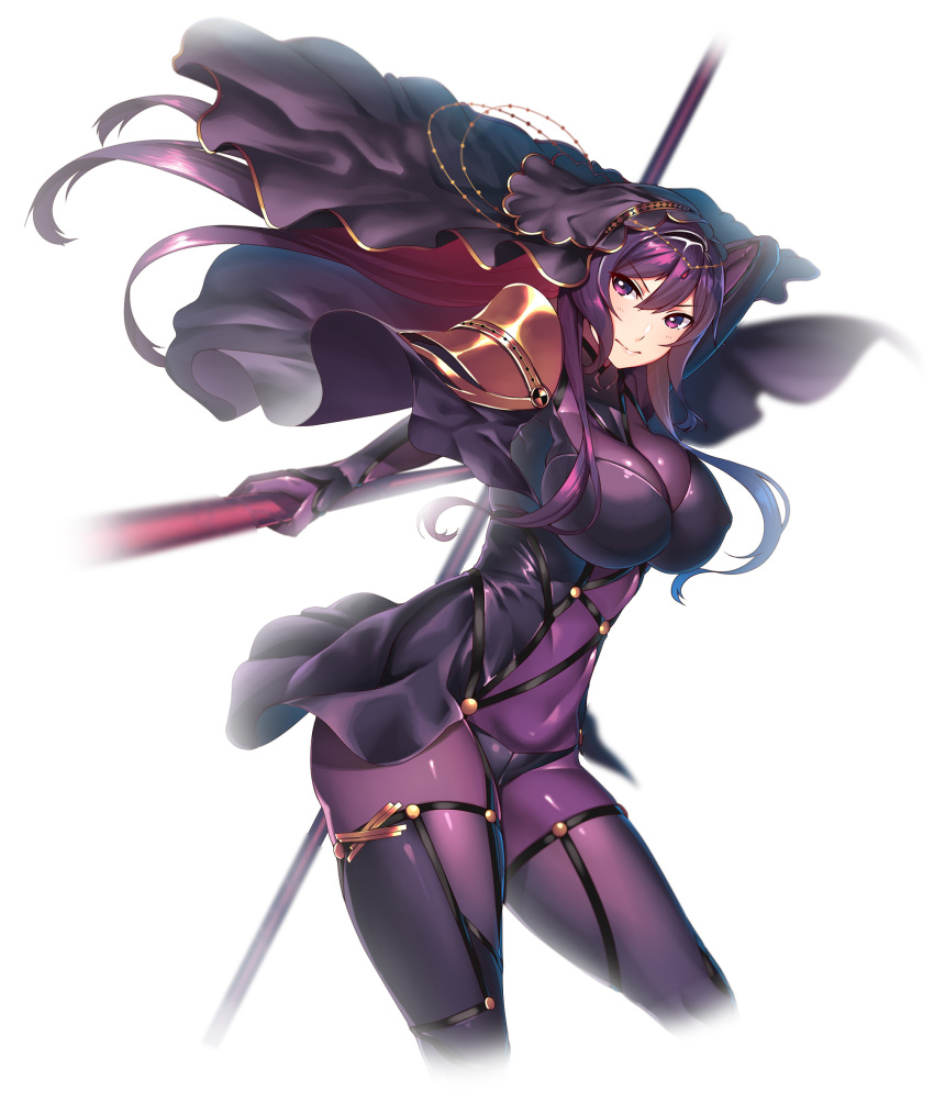 1girl bodysuit breasts cleavage cosplay dual_wielding fate/grand_order fate_(series) female_admiral_(kantai_collection) gae_bolg hiememiko highres holding large_breasts latex light_smile long_hair nose parted_lips pauldrons polearm purple_hair scathach_(fate)_(all) scathach_(fate/grand_order) scathach_(fate/grand_order)_(cosplay) solo spear veil violet_eyes weapon white_background