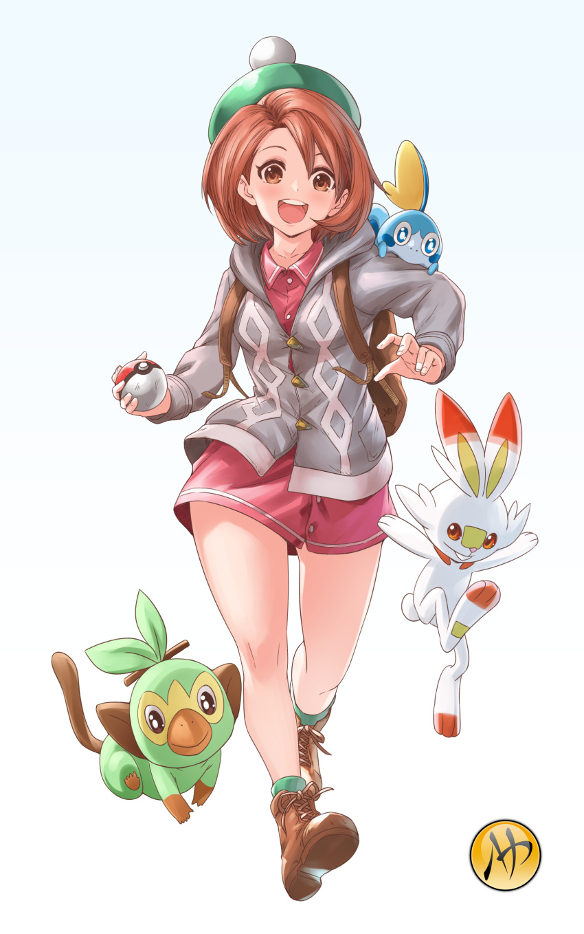 1girl absurdres ankle_boots ankle_socks aqua_background arms_up backpack bag boots brown_backpack brown_eyes brown_footwear brown_hair cardigan commentary creature_on_shoulder creatures_(company) cross-laced_footwear dress english_commentary female_protagonist_(pokemon_swsh) full_body game_freak gen_8_pokemon gradient gradient_background green_legwear grey_cardigan grookey highres holding holding_poke_ball mark_henry_bustamante nintendo open_mouth poke_ball pokemon pokemon_(game) pokemon_swsh red_dress running scorbunny short_hair signature simple_background sobble solo tam_o'_shanter upper_teeth white_background