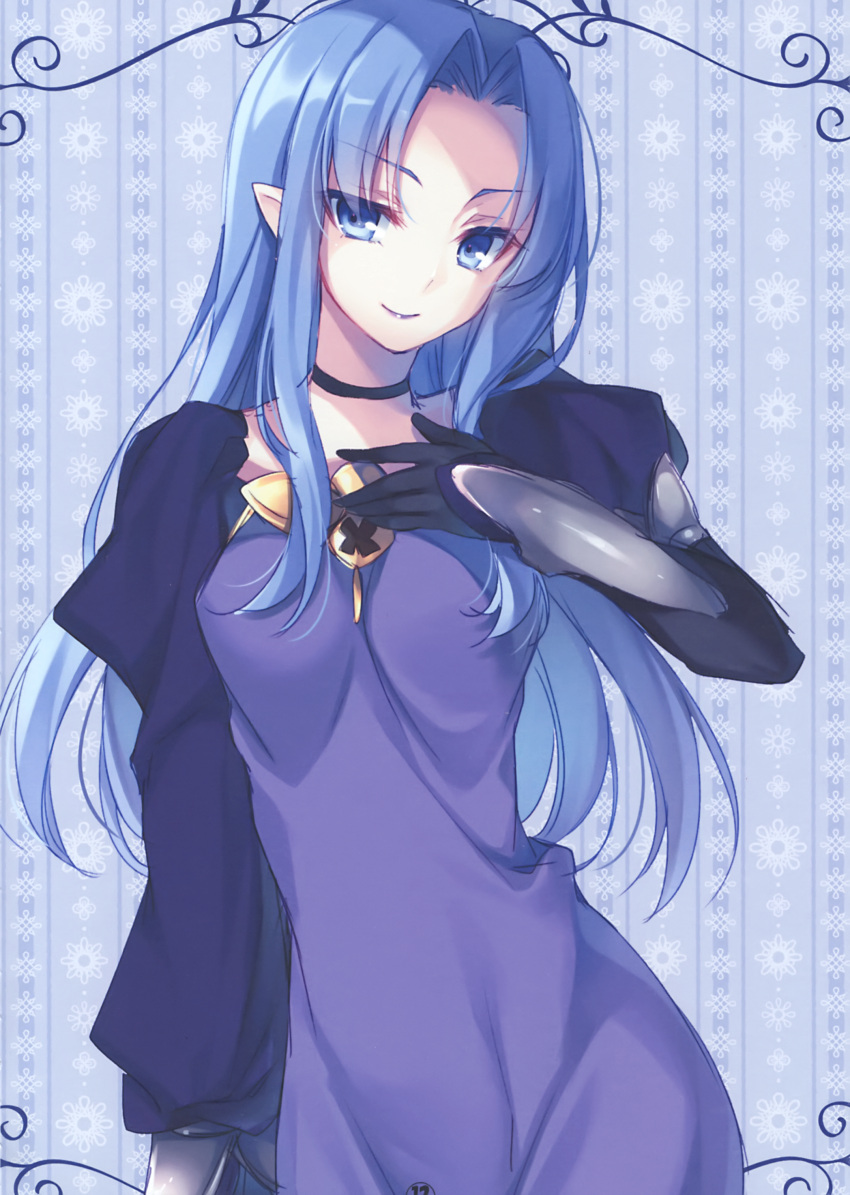 1girl absurdres black_gloves blue_background blue_eyes blue_hair caster collarbone dress eyebrows_visible_through_hair fate/stay_night fate_(series) floating_hair gloves highres lipstick long_hair long_sleeves looking_at_viewer makeup pointy_ears purple_dress purple_lipstick shiny shiny_hair smile solo standing toosaka_asagi very_long_hair